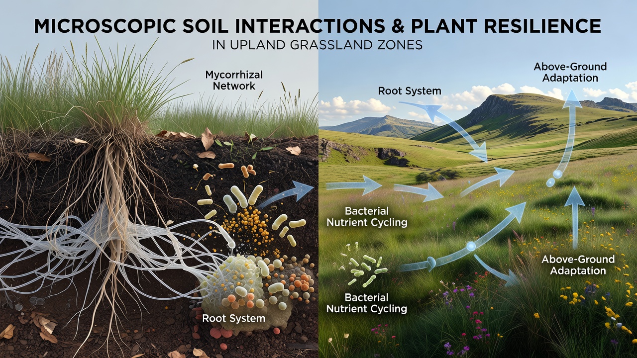 Upland grassland landscape showing root zones and soil structure supporting resilient vegetation