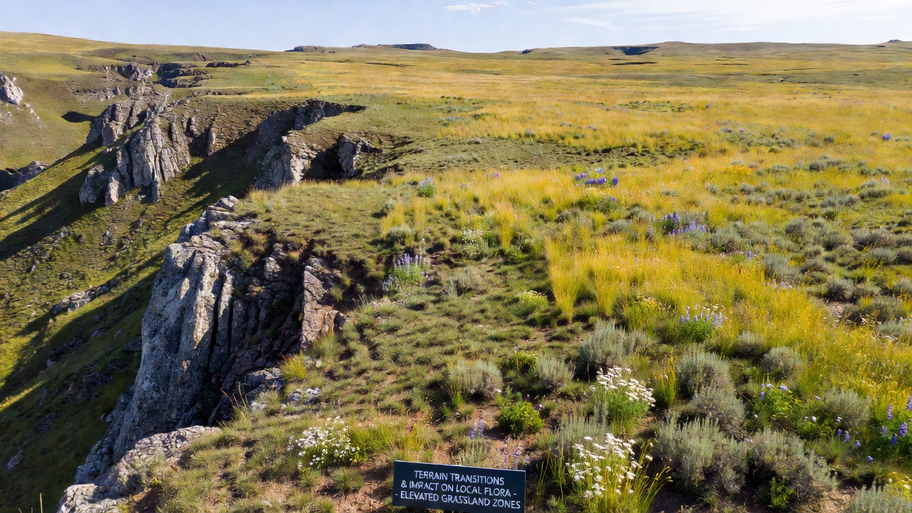 Close-up of plant species variation along a terrain transition zone in elevated grasslands with different grass and forb communities