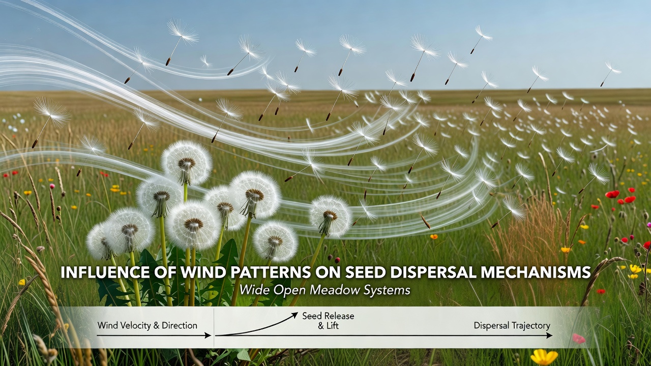 Close-up view of meadow grasses with seeds caught in a light breeze, illustrating dispersal in action